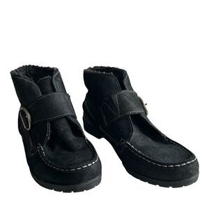 Eddie Bauer Black Suede Buckle winter ankle Boots with Fleece Lining Size 9.5